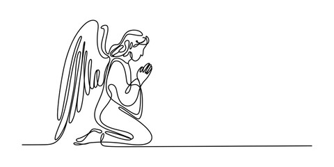 Fototapeta premium Continuous single line drawing of an angel praying on her knees
