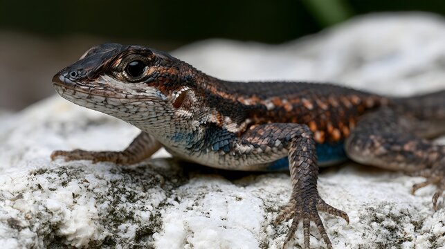 A close up of a lizard with detailed scales and vibrant colo n resting on a textured rock surface