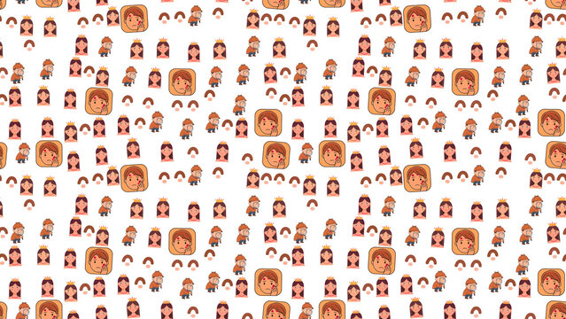 Cartoon pattern of princesses, detectives, and faces with acne