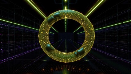 Fototapeta premium Futuristic tunnel with glowing circular portal. Digital lights create immersive, dark environment. Mysterious, technological aesthetic dominates scene.