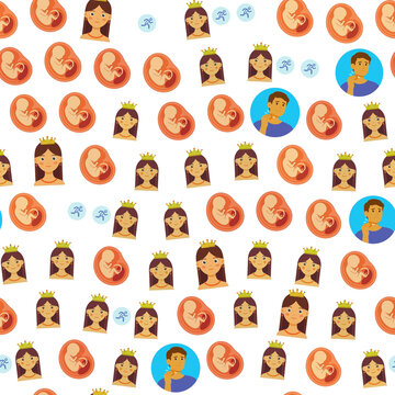 Seamless pattern of fetus, princesses, and men with sore throats