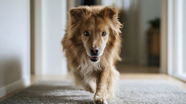 A fluffy golden dog runs toward the with an eager expression on a carpeted floor in a bright indoor setting