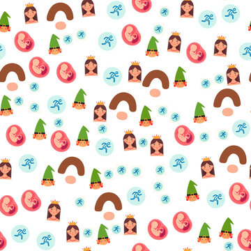 Seamless pattern with princesses, elves, fetuses, and runners
