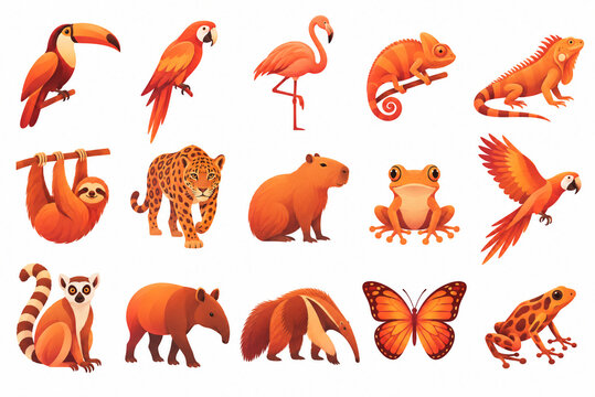 A vibrant set of illustrations featuring tropical animals and insects including parrots, flamingos, chameleons, jaguars, frogs, butterflies, and more, on a white background.