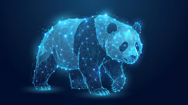 Futuristic vector illustration of a giant panda formed by glowing blue low poly wireframe, mesh lines, and luminous network dots. Ideal for concepts related to artificial intelligence