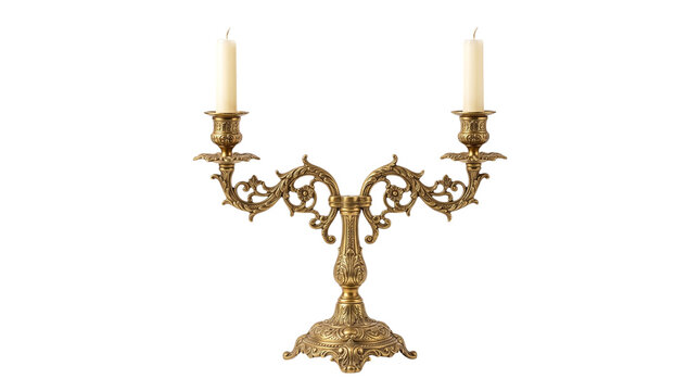Vintage brass candelabra with two white candles, ornate antique brass candlestick holder, classic elegant home decor isolated PNG with Transparent Background