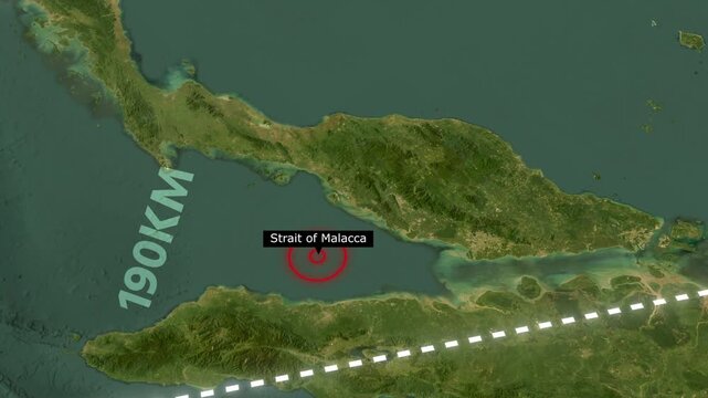 Satellite map animation showing Strait of Malacca location with distance measurement overlay footage.