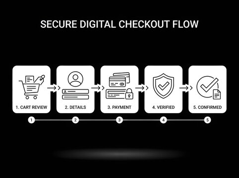 Secure digital checkout flow infographic with five step process icons