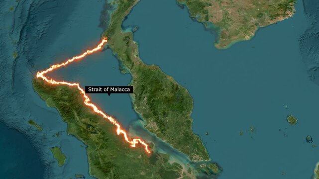 3d map of Strait of Malacca highlighted with orange line in satellite global view 4k animation.