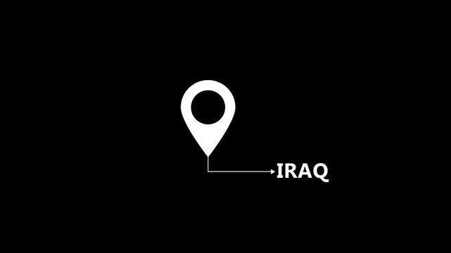 White and black location pin icon with IRAQ text animation on black background. This location icon is from IRAQ Location pin icon, map marker icon, destination icon.