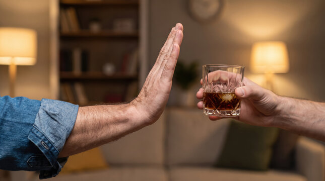 Man making stop gesture to whiskey glass held by another person in living room