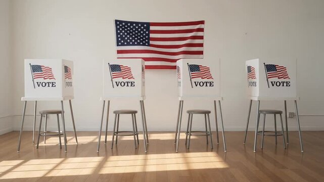 Empty voting booths with American flag inside polling station room