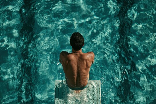 A man sits on a diving board, his back to the viewer, gazing at clear blue water. This captures readiness and the thrill of summer activities or sports challenge.