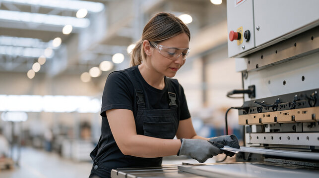 Portuguese woman operating industrial press at steel stamping factory, safety glasses, gloved hands feeding sheet metal, manufacturing floor, loud environment implied, production