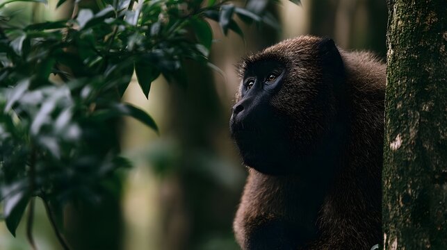 A close up of a monkey with dark fur and expressive eyes  partially hidden behind a tree trunk in a lush green forest