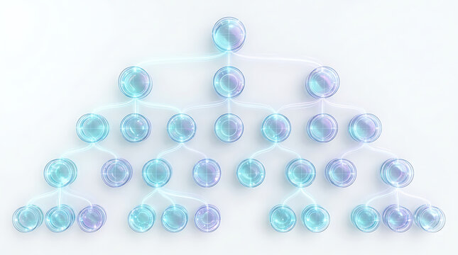 Abstract diagram of a hierarchical organization chart with glowing spheres