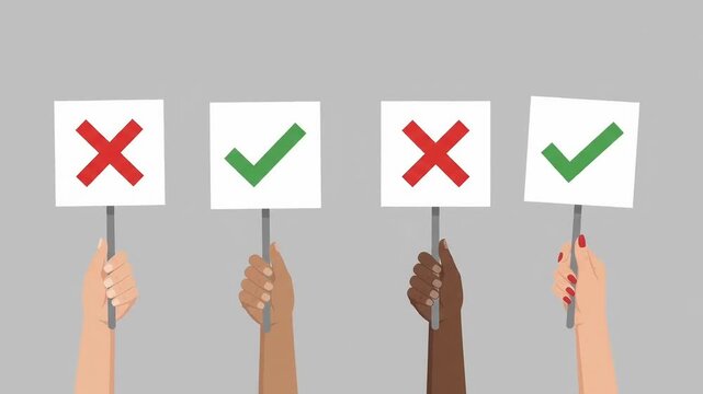 Diverse hands holding survey signs with red cross and green check mark