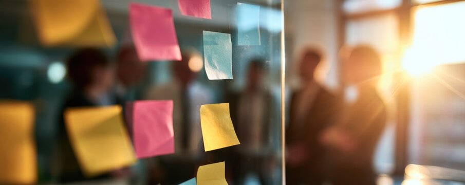 A group of people in a meeting room with sticky notes on a glass wall, brainstorming or planning during a bright, sunlit session.