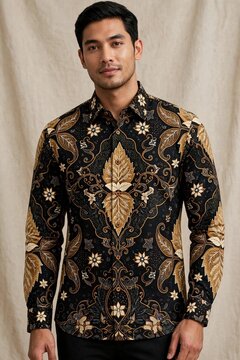 A portrait of an Asian male model wearing an elegant long-sleeve black and gold traditional batik shirt posing against a textured background.