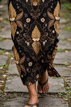 A low angle cropped view of a person walking on a stone path wearing a long traditional black and gold batik skirt and sandals.