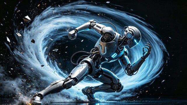 Damaged Futuristic Robot Breaking Free from Swirling Blue Energy Vortex &mdash; Liberation, Resilience, Courage and Triumph Over Adversity Concept