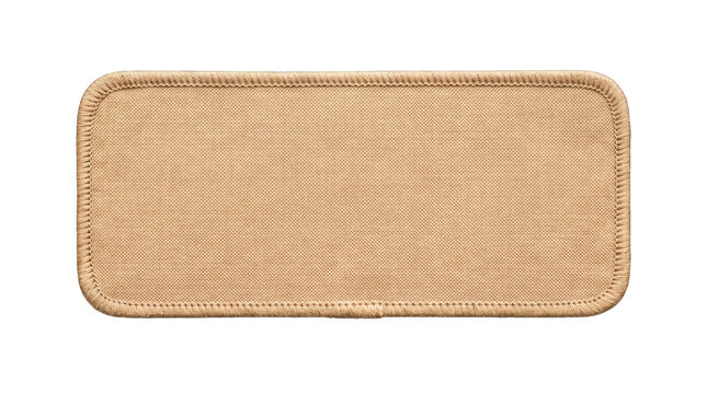 Blank tan fabric patch with stitched border for customization isolated on transparent background