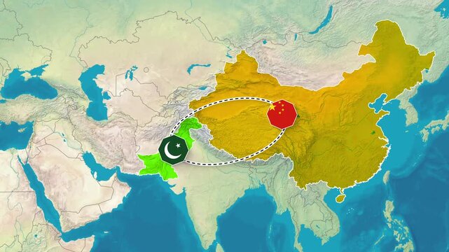 Pakistan and China Bilateral Relationship Map Animation Footage