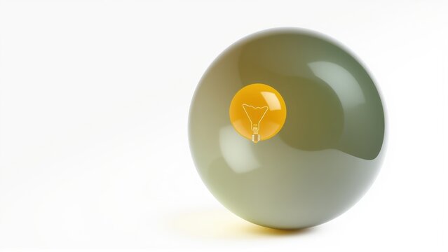 Sphere contains glowing bulb. Minimalist design, soft lighting, simple composition. Focus on concept, innovation, idea generation.