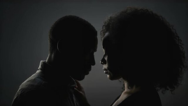Intimate Face-Off between Two People in Dim Studio Light with Dramatic Silhouette and Emotional Tension for Relationship or Drama Concept