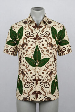 A short-sleeve men's button-up shirt featuring traditional batik patterns with green leaves and brown ornamental motifs displayed on a torso mannequin.
