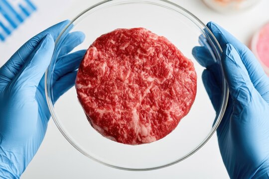 Lab technician wearing blue gloves holds a petri dish with cultured lab-grown meat, showcasing innovative cellular agriculture technology.
