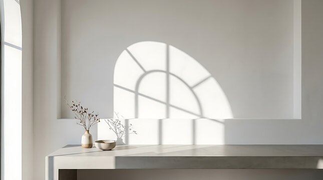 Minimalist room interior with sunlit arch window casting soft shadow on white wall