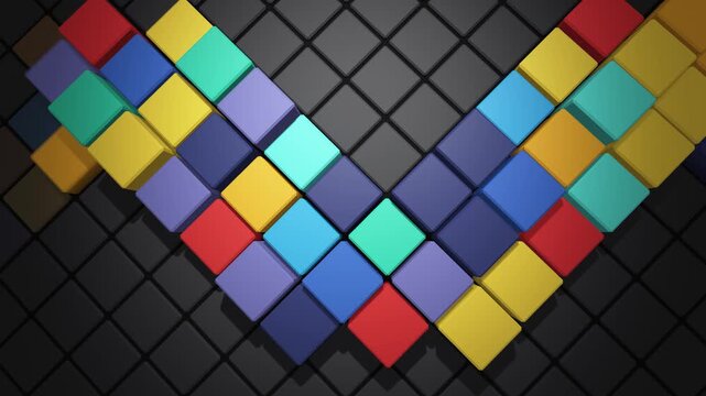Colorful 3D cubes popping out of dark diamond tile wall in sweeping waves, geometric mosaic abstract background with copy space