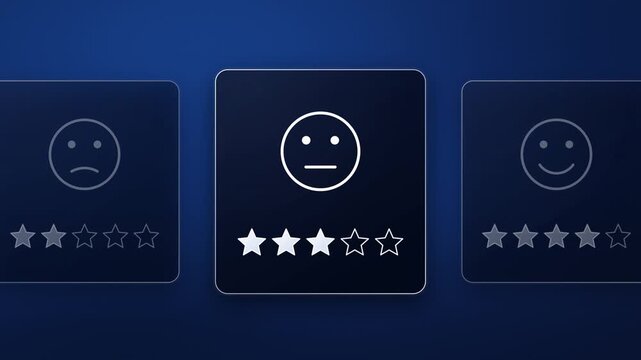 Customer rating carousel sliding from 1 to 5 stars with emoji faces, 5 star review selected with gold stars on blue UI