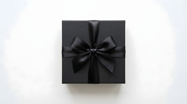 Top view of black gift box with black ribbon bow isolated on white background