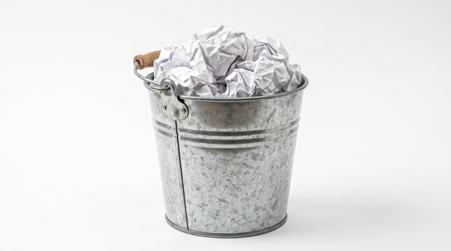 Metal bucket filled with crumpled white paper balls