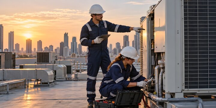 Technicians maintaining rooftop HVAC unit at sunset city skyline