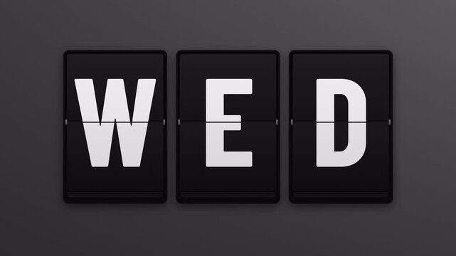 Days of the week flipping on split flap display from Monday to Sunday, black flip board letters on dark gray background