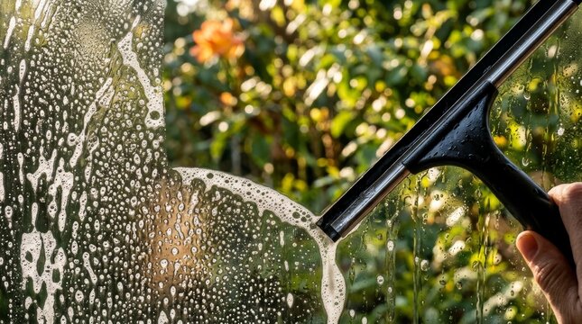 Hand using a squeegee to clean a soapy window overlooking flowers