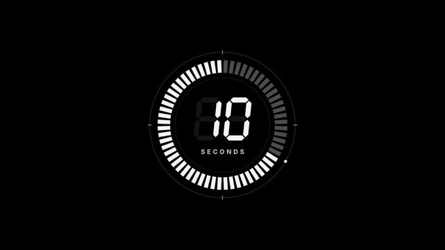 Circular countdown timer from 15 to 0 seconds with ring of tick segments and digital numbers, white HUD timer on black
