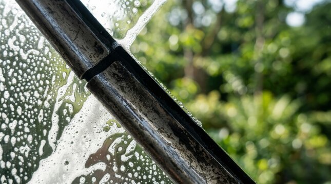 Squeegee wiping soapy water off a window with a green garden behind