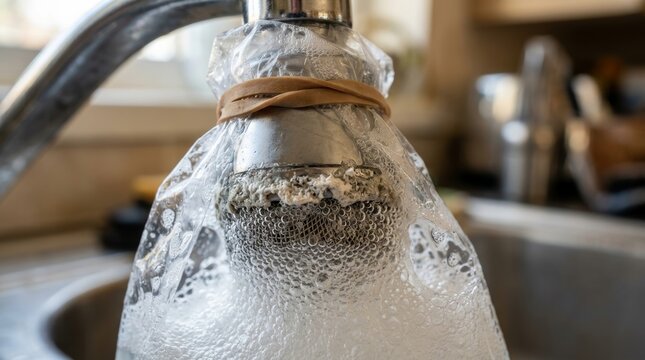 Faucet soaking in a plastic bag of vinegar to remove limescale in a kitchen