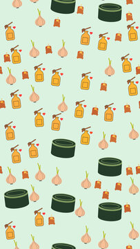 Seamless pattern of garlic, honey jars, and containers