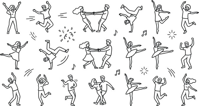 people dancing party line icon vector set