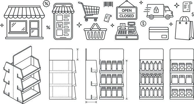 Cardboard retail POS display stand schematic and retail shopping outline icon collection for store merchandise marketing