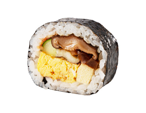 Single slice of Japanese futomaki thick sushi roll cross section isolated on a transparent background