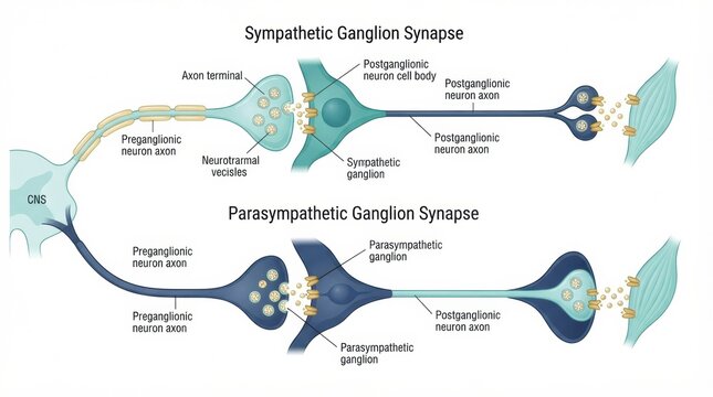 Illustration shows nerves and synapses in the peripheral nervous system, focusing on sympathetic and parasympathetic structures and their functions.