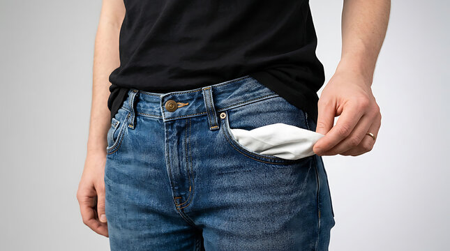 Person wearing blue jeans and a black shirt pulling out empty pockets
