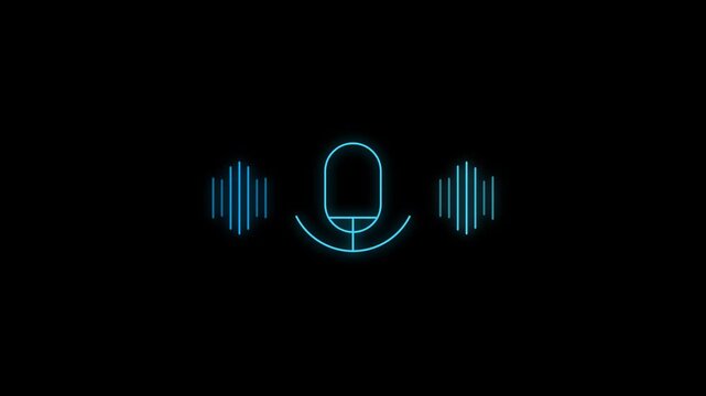 A minimalist digital illustration features a neon microphone icon, symbolizing audio recording or voice command technology.
