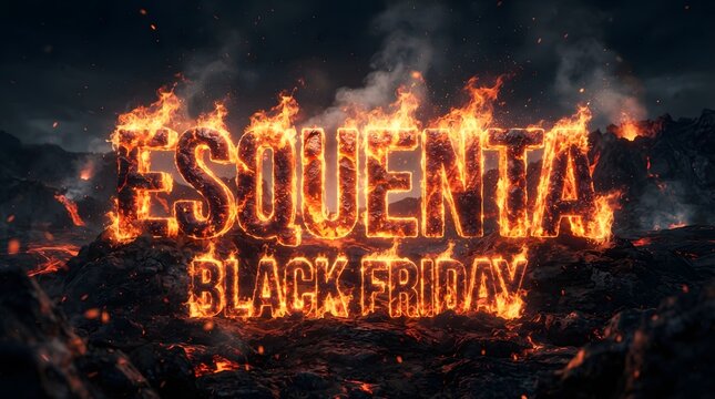 Esquenta black friday text engulfed in intense fire and flames set against a dark volcanic landscape with glowing lava
